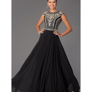 JVN by Jovani Black Gold Beaded Jeweled Chiffon Long Gown